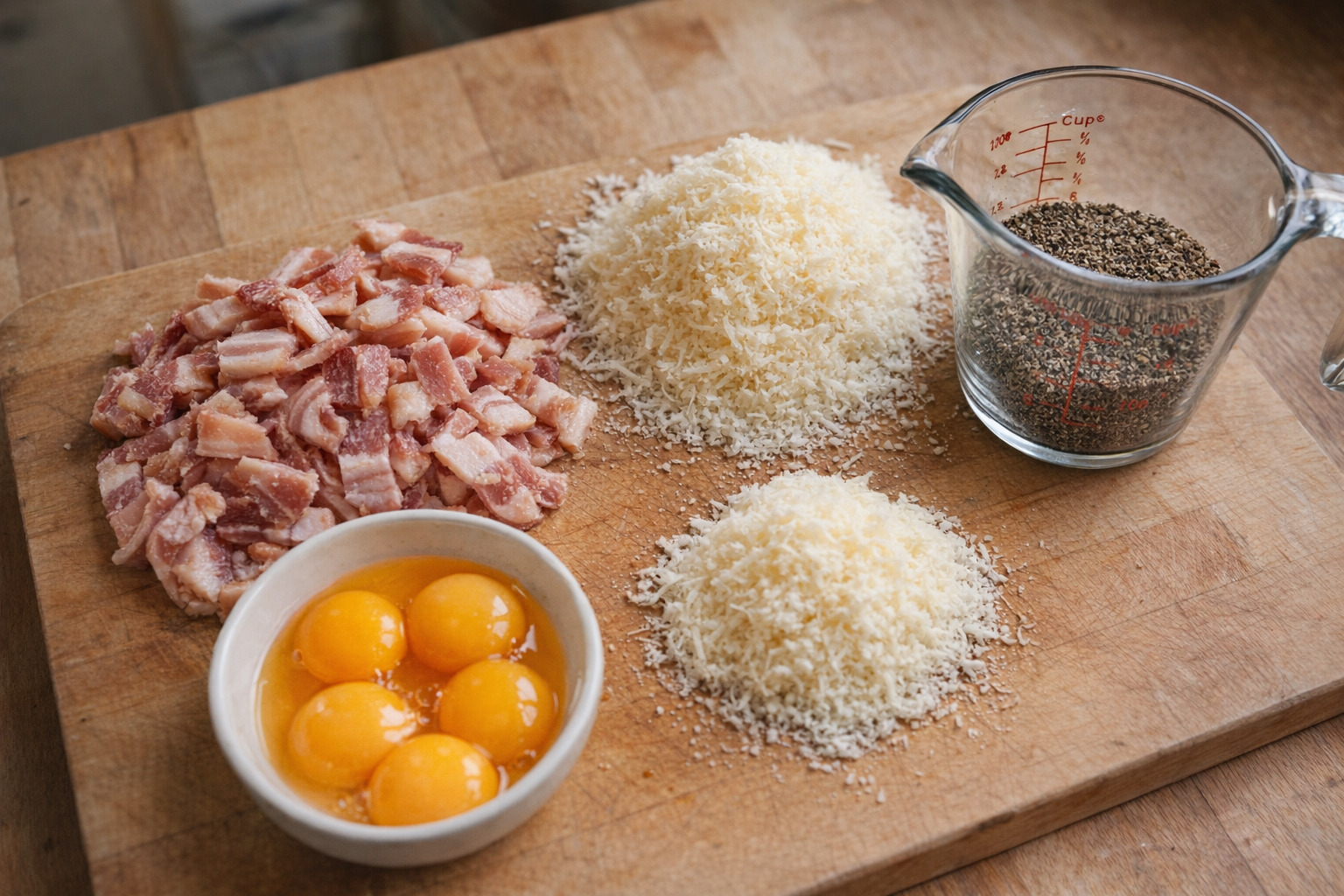 A high-angle shot of the mise en place for spaghetti carbonara: sliced guanciale, grated Pecorino Romano and Parmigiano-Reggiano cheeses, separated egg yolks, and a measuring cup filled with freshly cracked black pepper, all arranged on a wooden cutting board